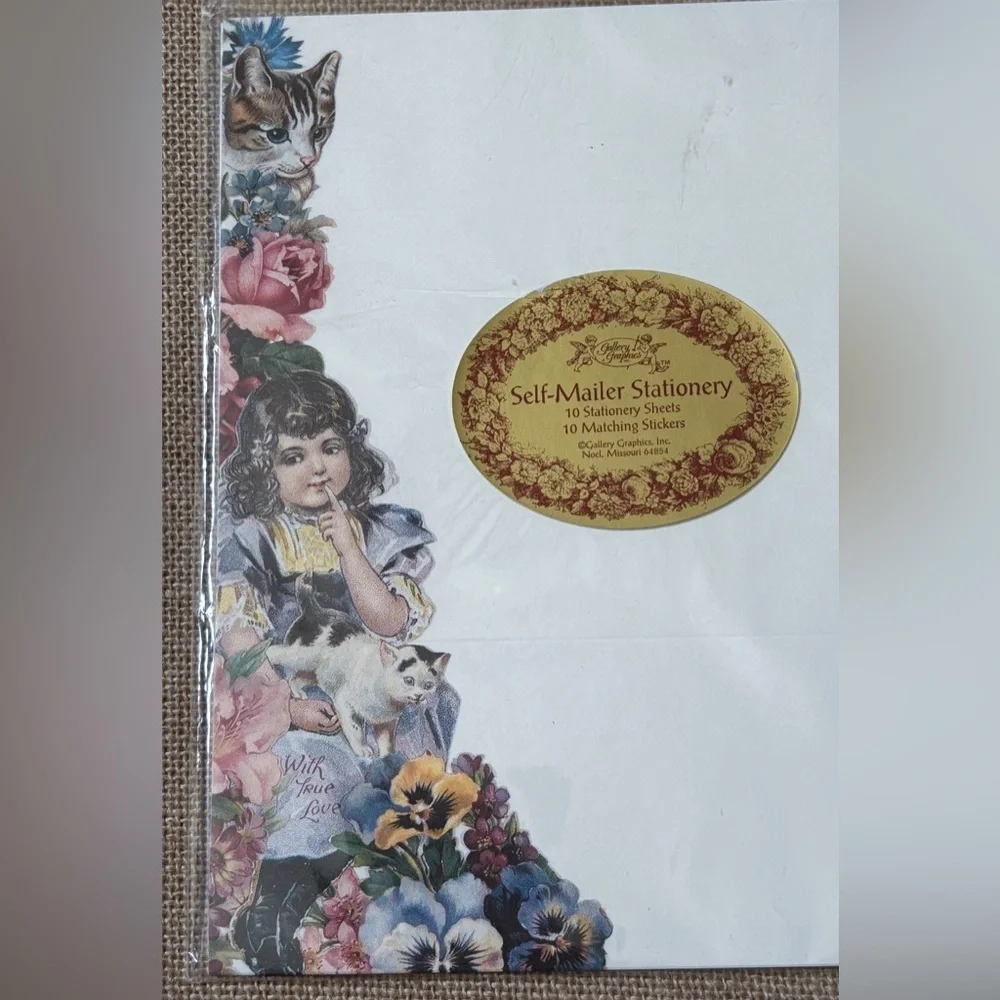 Vintage Victorian Girl Cats Floral Stationery w Matching Stickers Letter Writing
